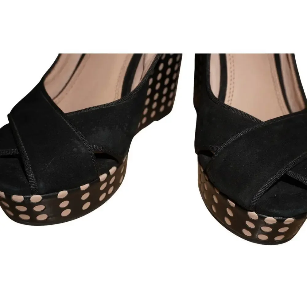 Tory Burch Ollie Black Suede Polka Dot Wedge Sandals Women’s 6.5M Made in Brazil